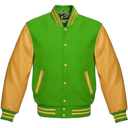 Green and beige varsity jacket with button details on a white background