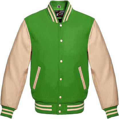Green and beige varsity jacket on a white background