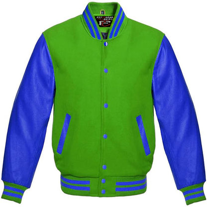 A multicolor varsity style jacket with a black wool body and royal blue leather sleeves, featuring a full front snap button closure and ribbing on cuffs, collar, and hem.
