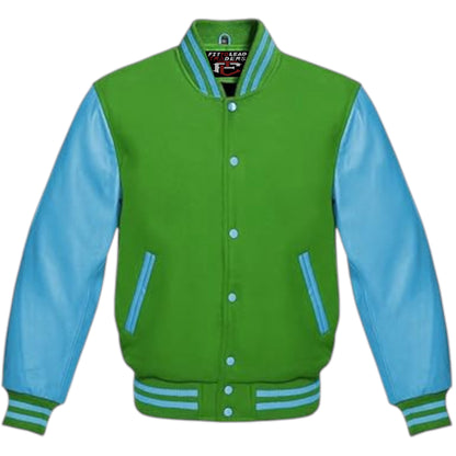 A multicolor wool varsity style jacket with genuine sky blue leather sleeves, featuring a full front snap button closure, ribbing on cuffs, collar, and hem, and multiple pockets.