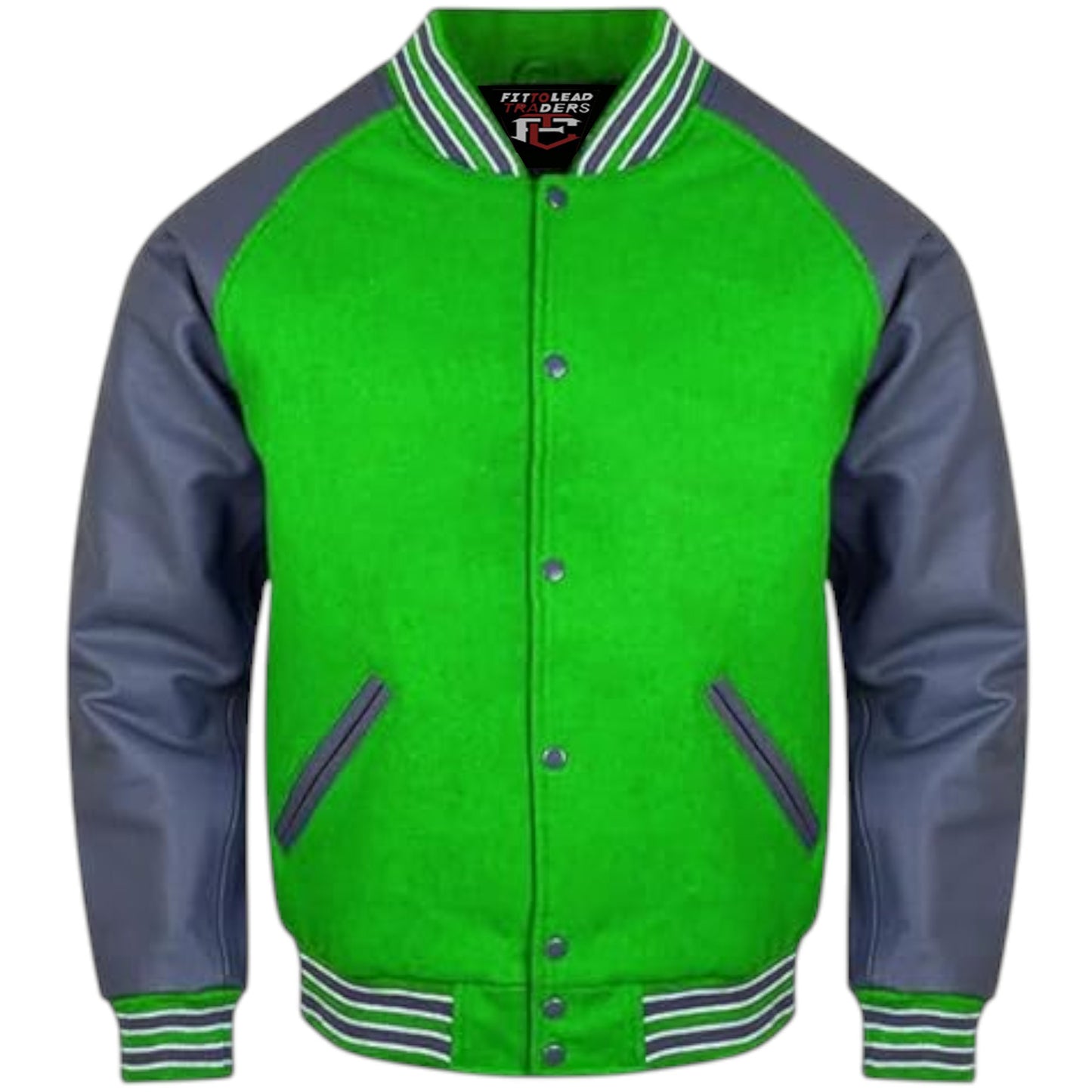 A stylish varsity jacket with a black wool body and grey leather sleeves, featuring a quilted polyester lining, snap buttons, ribbing on the cuffs, collar, and hem, and multiple pockets.