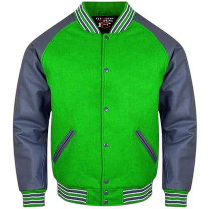 A stylish varsity jacket with a black wool body and grey leather sleeves, featuring a quilted polyester lining, snap buttons, ribbing on the cuffs, collar, and hem, and multiple pockets.
