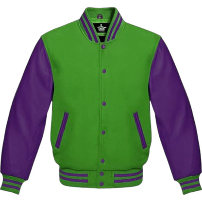 Premium Varsity Jacket Purple Leather Sleeves Classic College Bomber Style