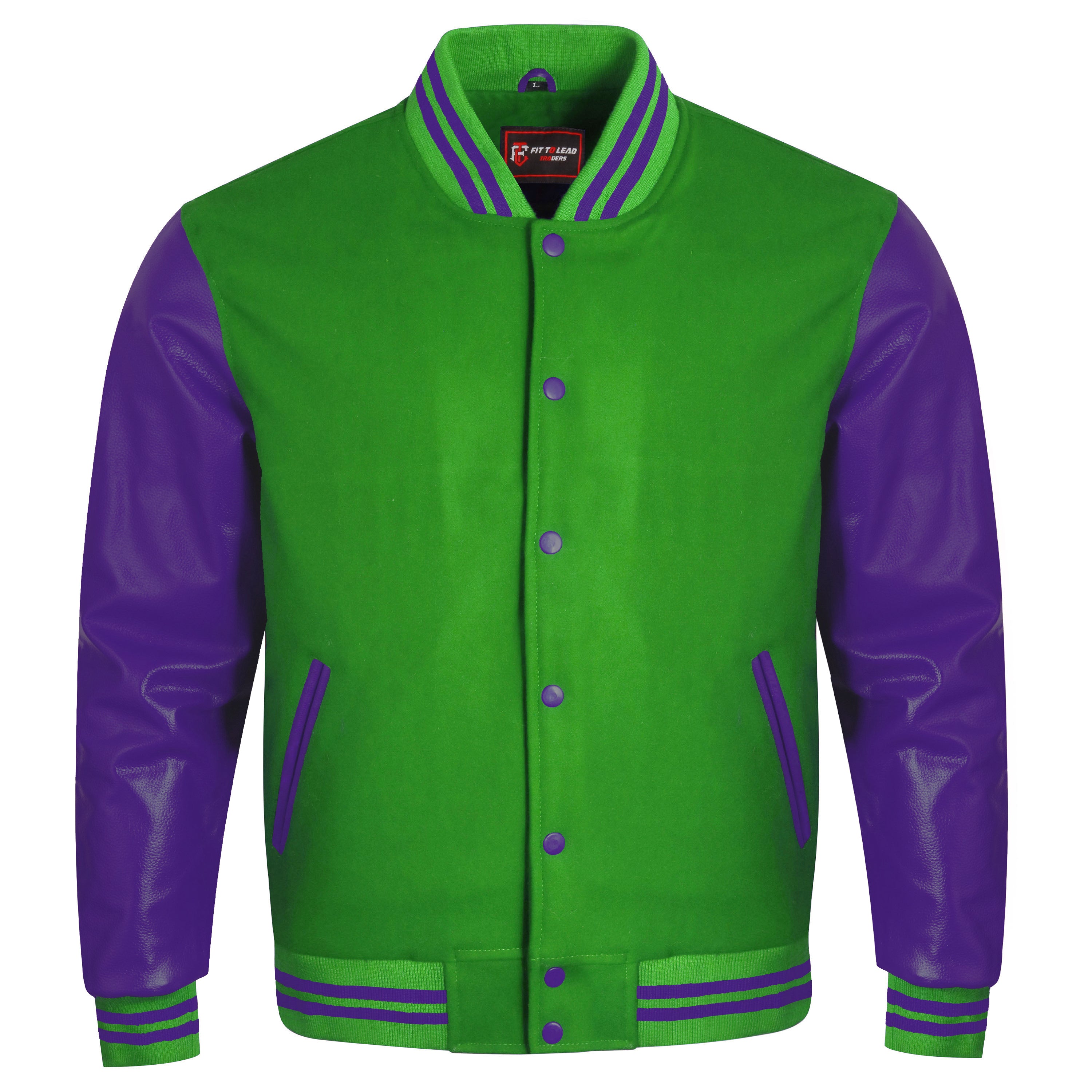 A green and purple varsity jacket with a green wool body, purple faux-leather sleeves, and purple striped ribbing on the collar, cuffs, and hem.