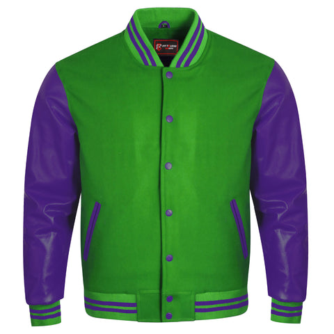 A green and purple varsity jacket with a green wool body, purple faux-leather sleeves, and purple striped ribbing on the collar, cuffs, and hem.