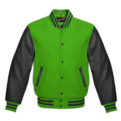 Green and black varsity jacket with leather sleeves on a white background