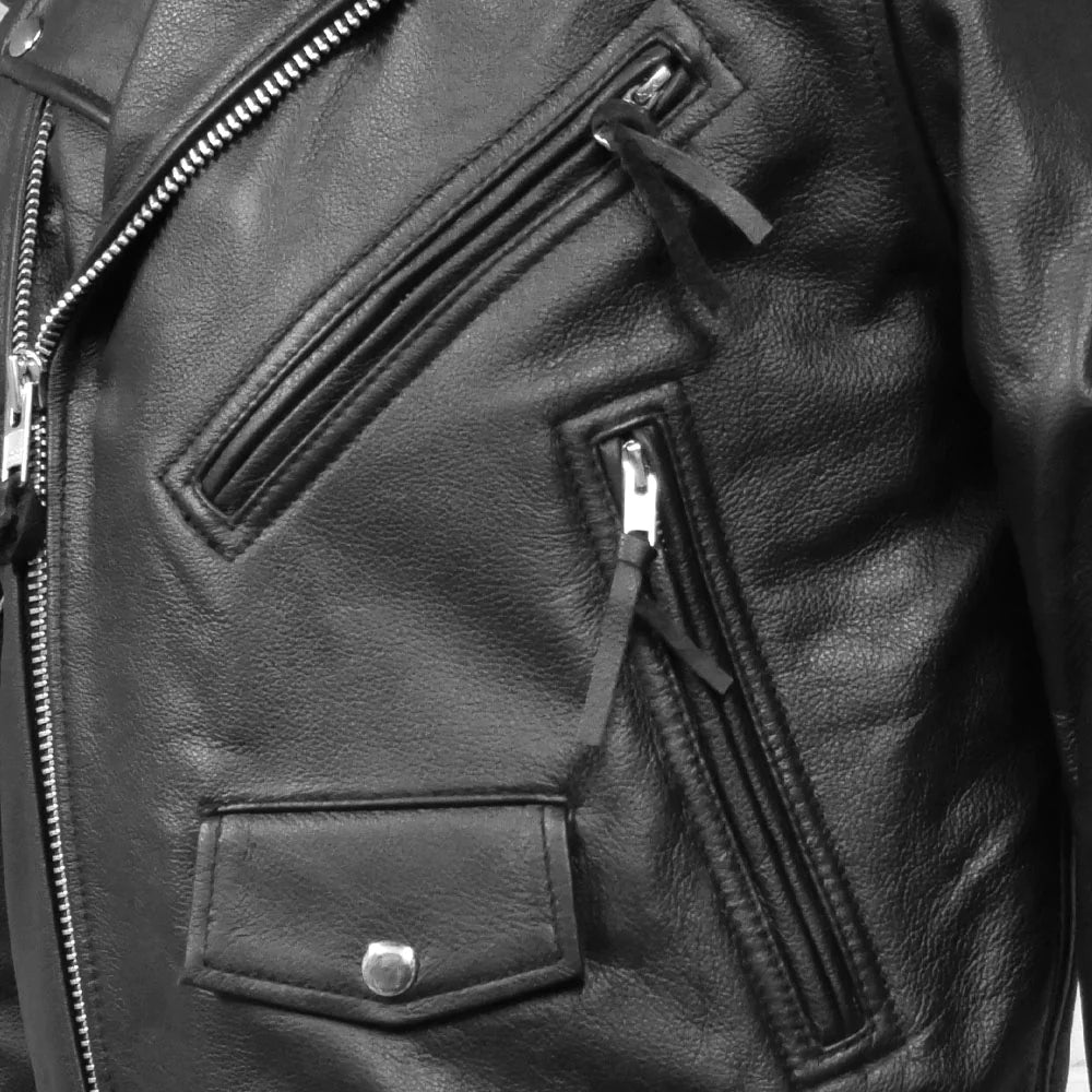 Close-up of a black leather jacket with zippers and a button.