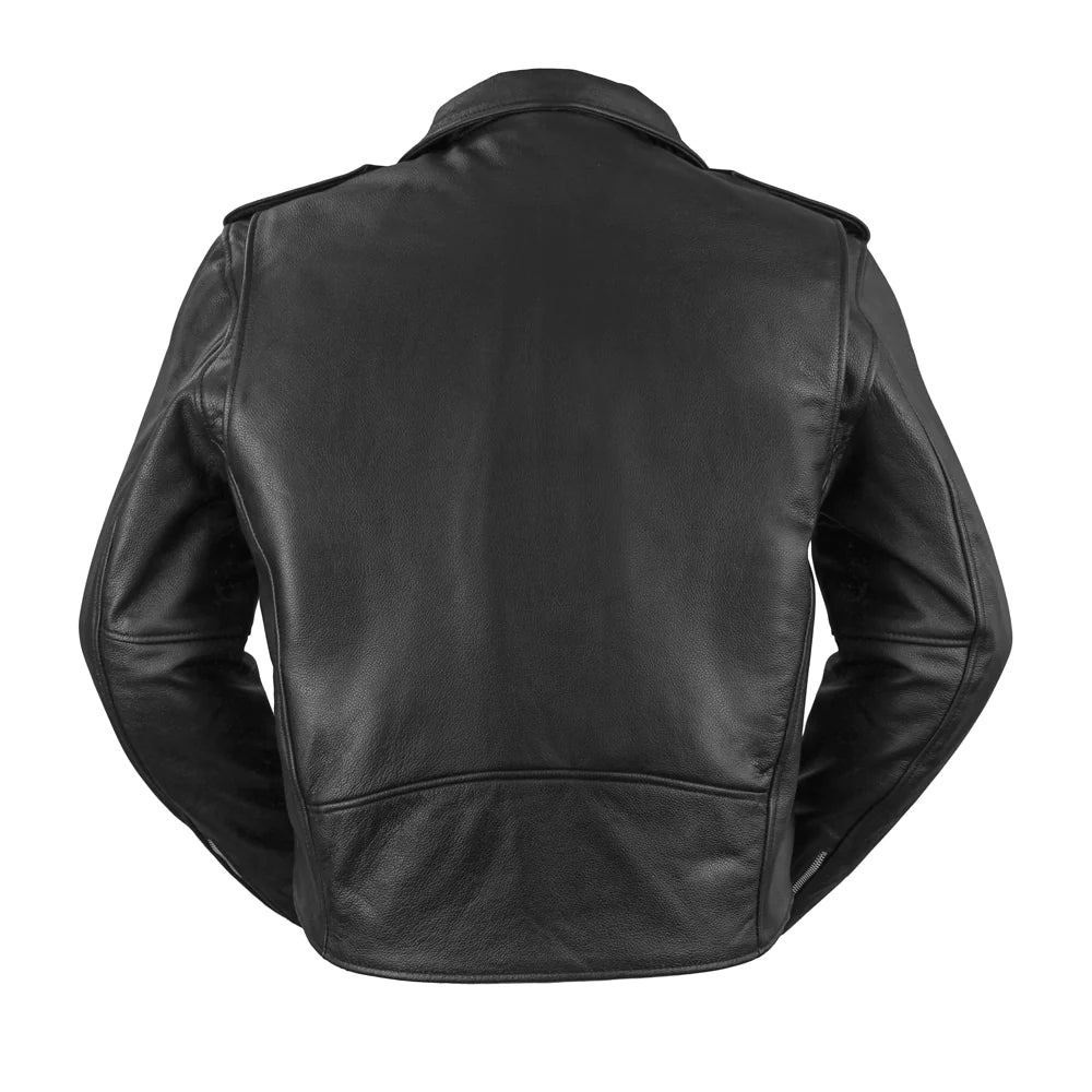 Black leather jacket on a white background