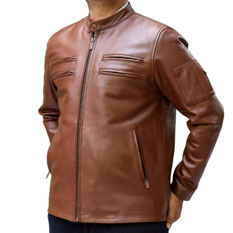 Classic Men Brown Leather Jacket Ideal for Casual Outfits