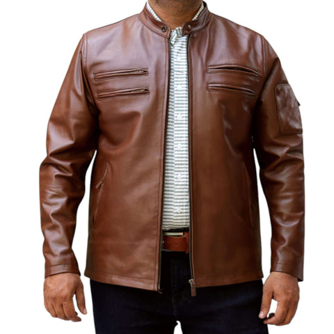 Classic Men Brown Leather Jacket Ideal for Casual Outfits