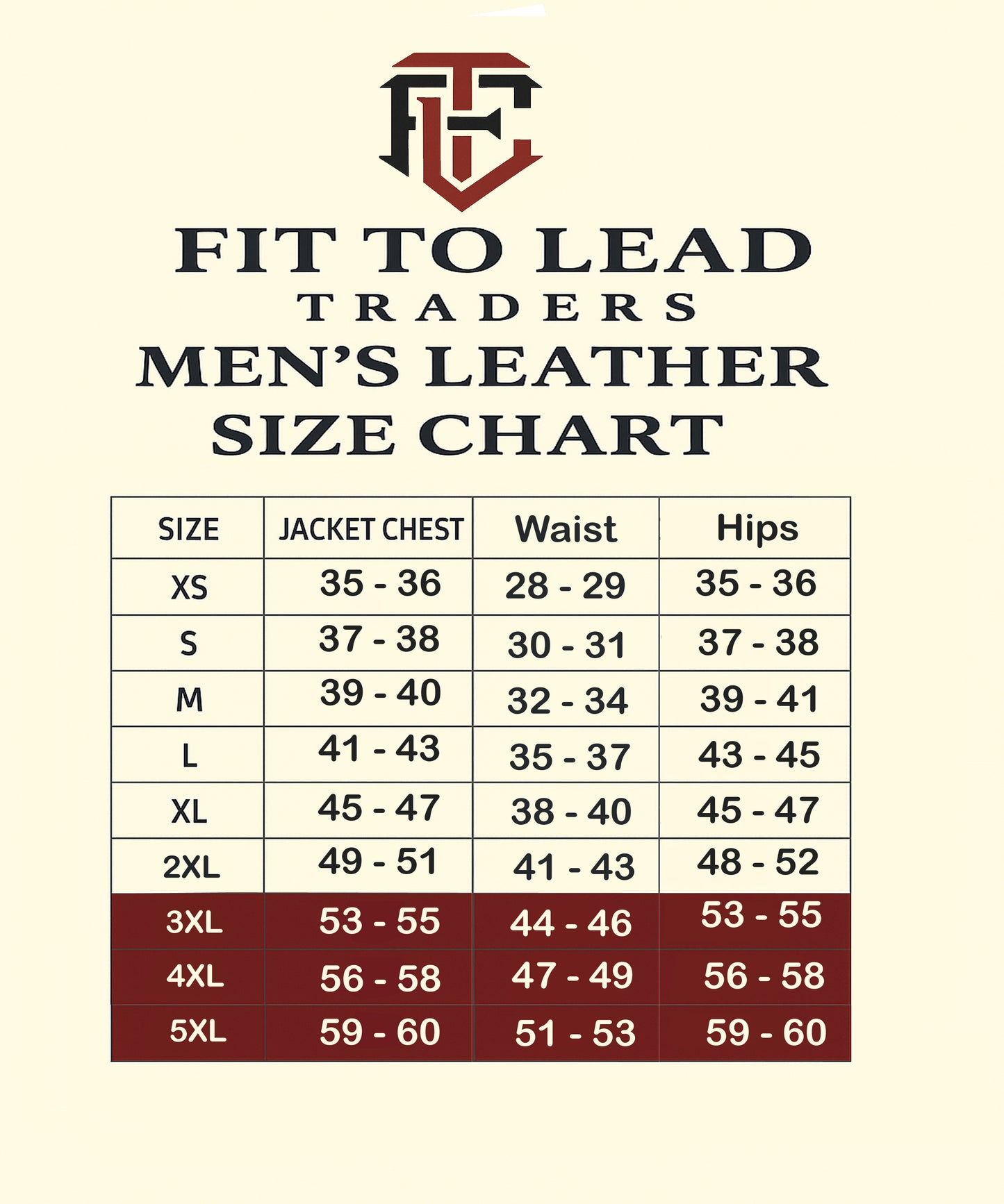 Men's leather size chart for Fit to Lead Traders with jacket chest, waist, and hips measurements.