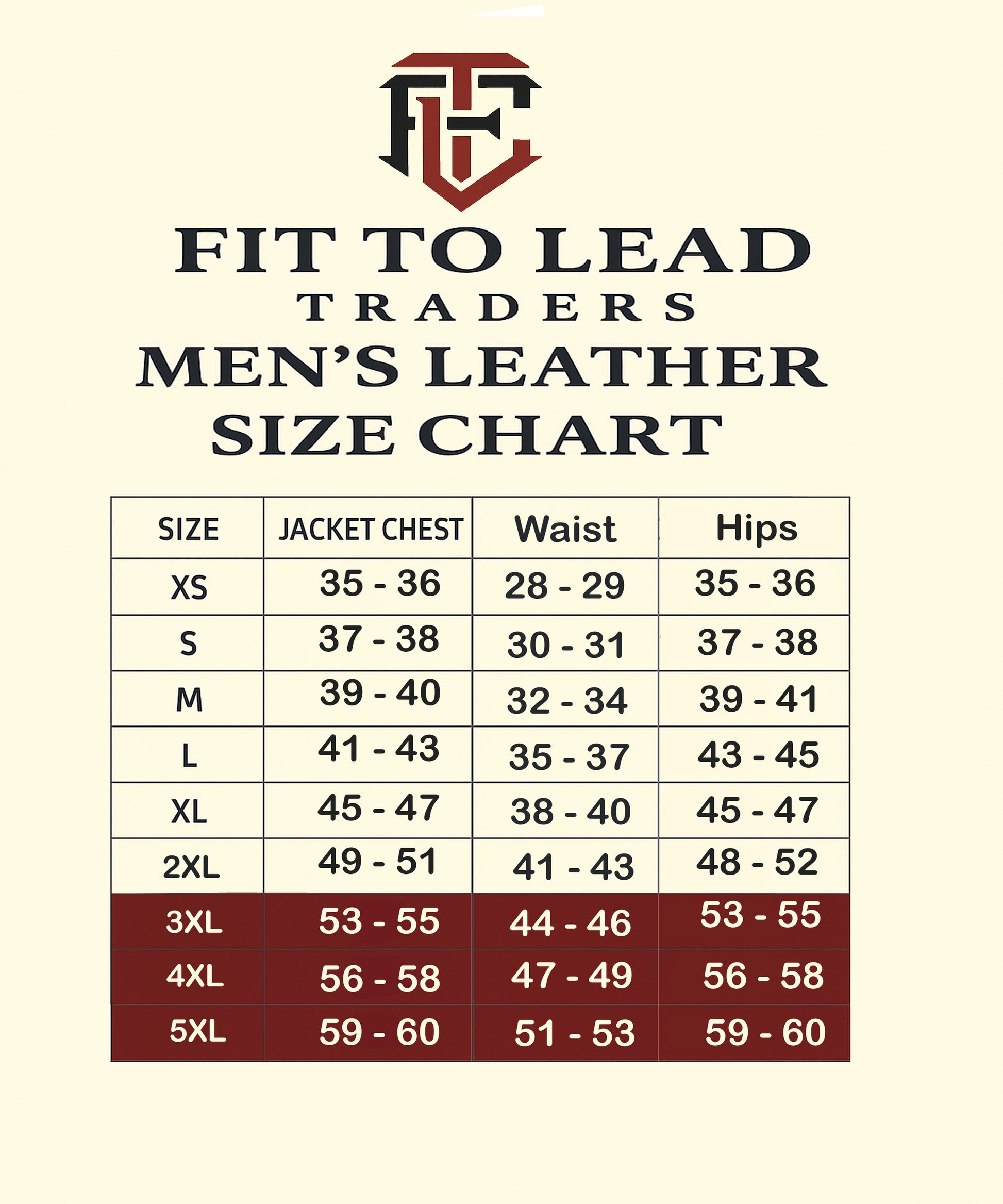 Men's leather size chart for Fit to Lead Traders with jacket chest, waist, and hips measurements.