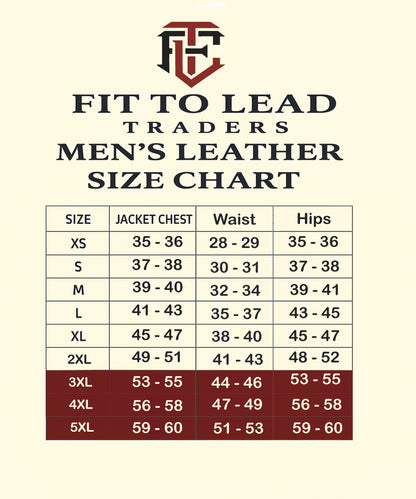 Men's leather size chart for Fit to Lead Traders with jacket chest, waist, and hips measurements.
