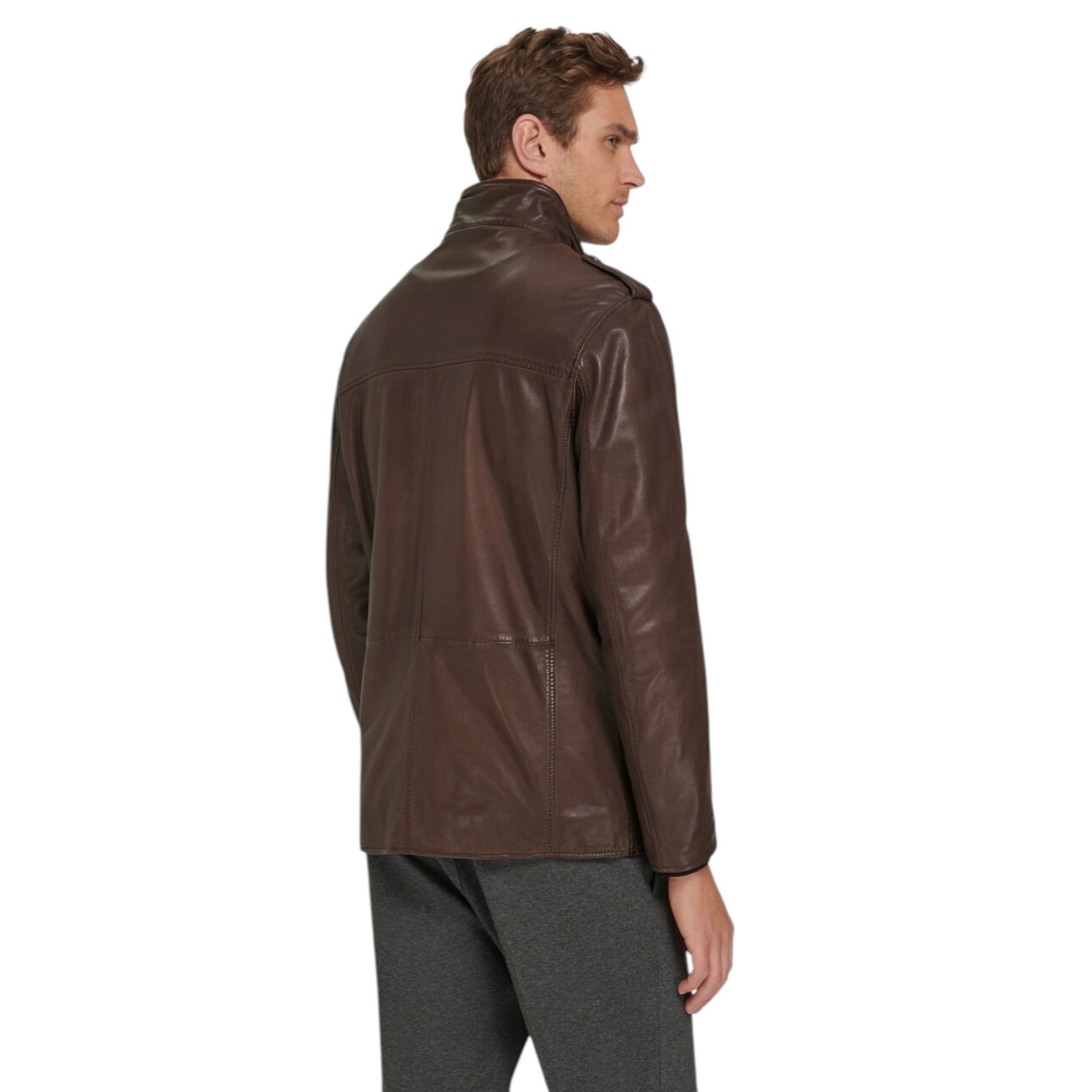 Man wearing a brown leather jacket on a white background