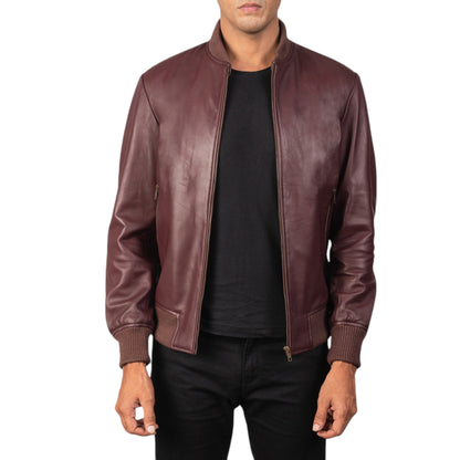 Men's Shane Maroon Leather Bomber Jacket – Stylish and Durable Outerwear