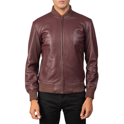 Men's Shane Maroon Leather Bomber Jacket – Stylish and Durable Outerwear