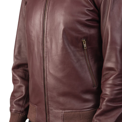 Men's Shane Maroon Leather Bomber Jacket – Stylish and Durable Outerwear