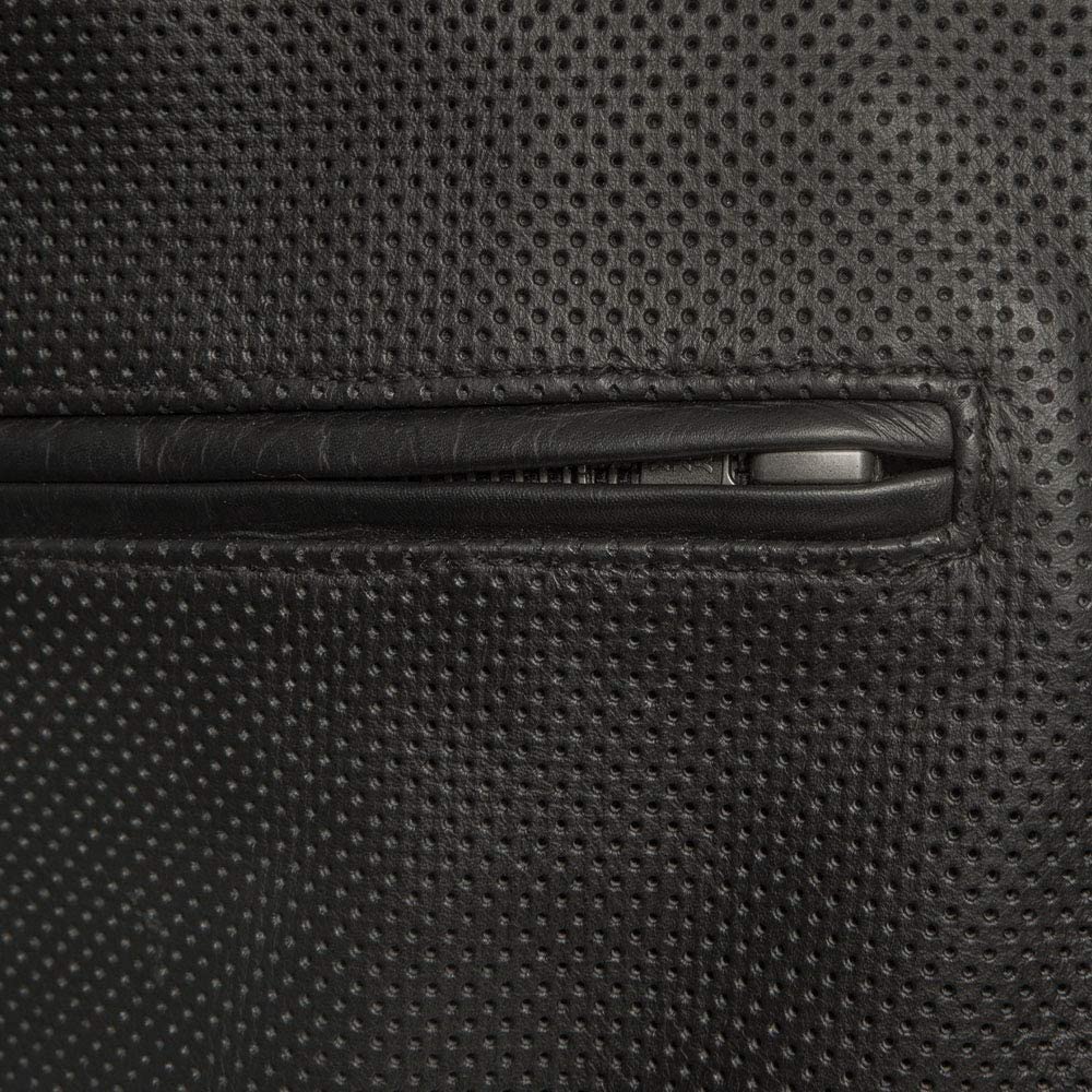 Close-up of a black textured bag with a zipper