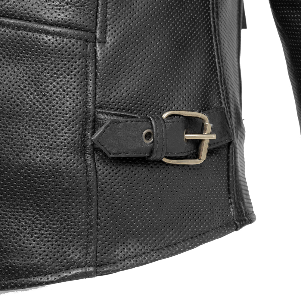 Close-up of a black leather bag with a buckle on a white background