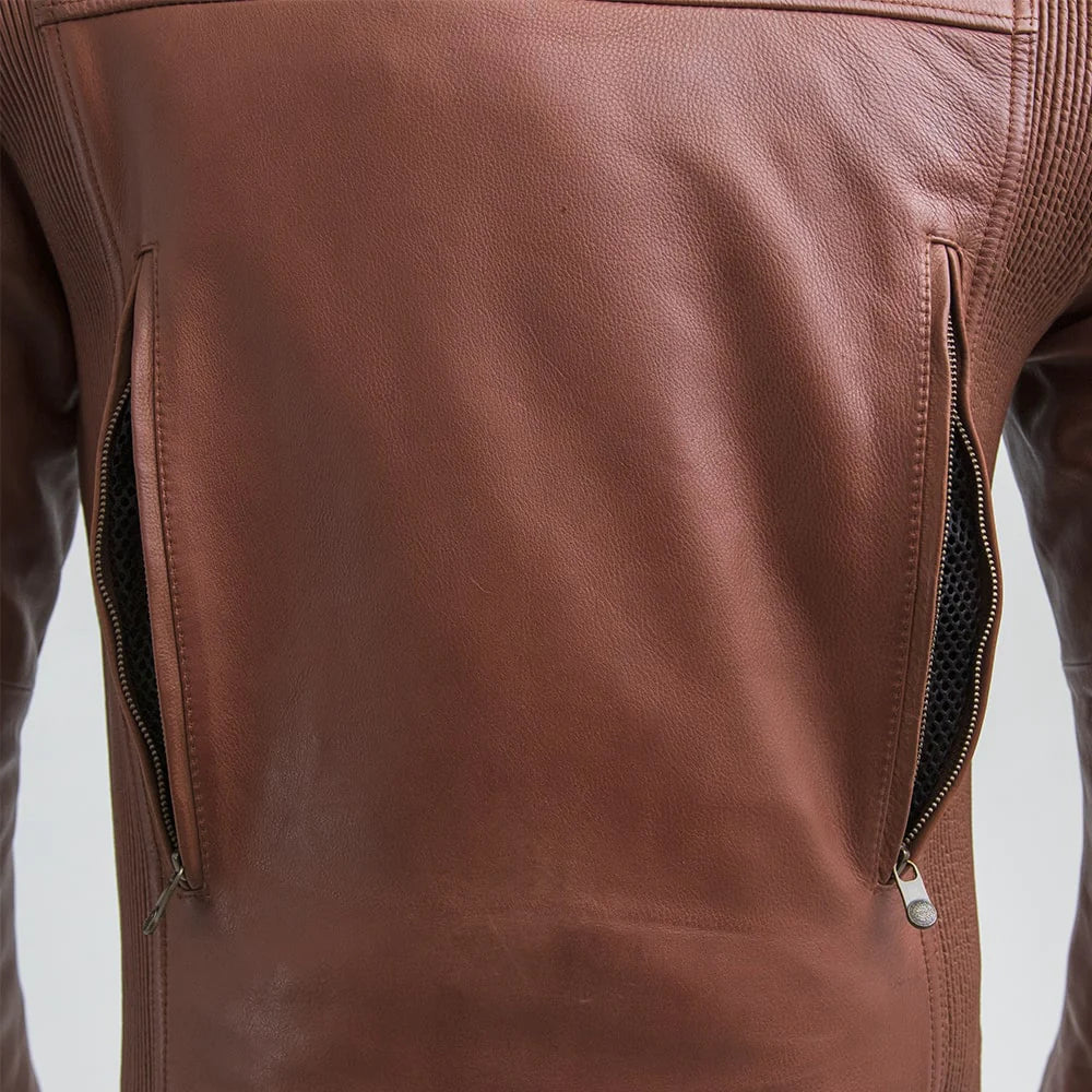 Close-up of a brown leather jacket with zippers on a light gray background