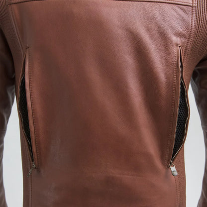 Close-up of a brown leather jacket with zippers on a light gray background