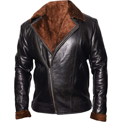 Men's brown cowhide leather biker jacket with a vintage style, featuring a collar and zip-up front.
