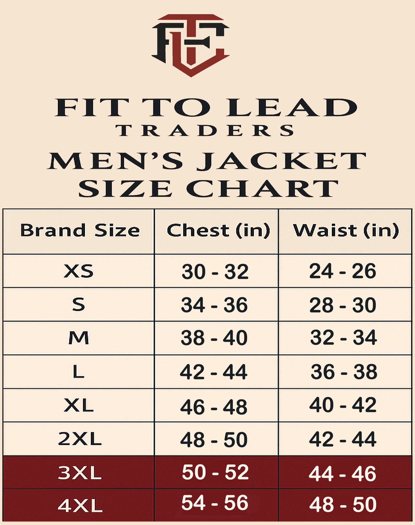Size chart for Fit to Lead Traders men's jackets on a beige background