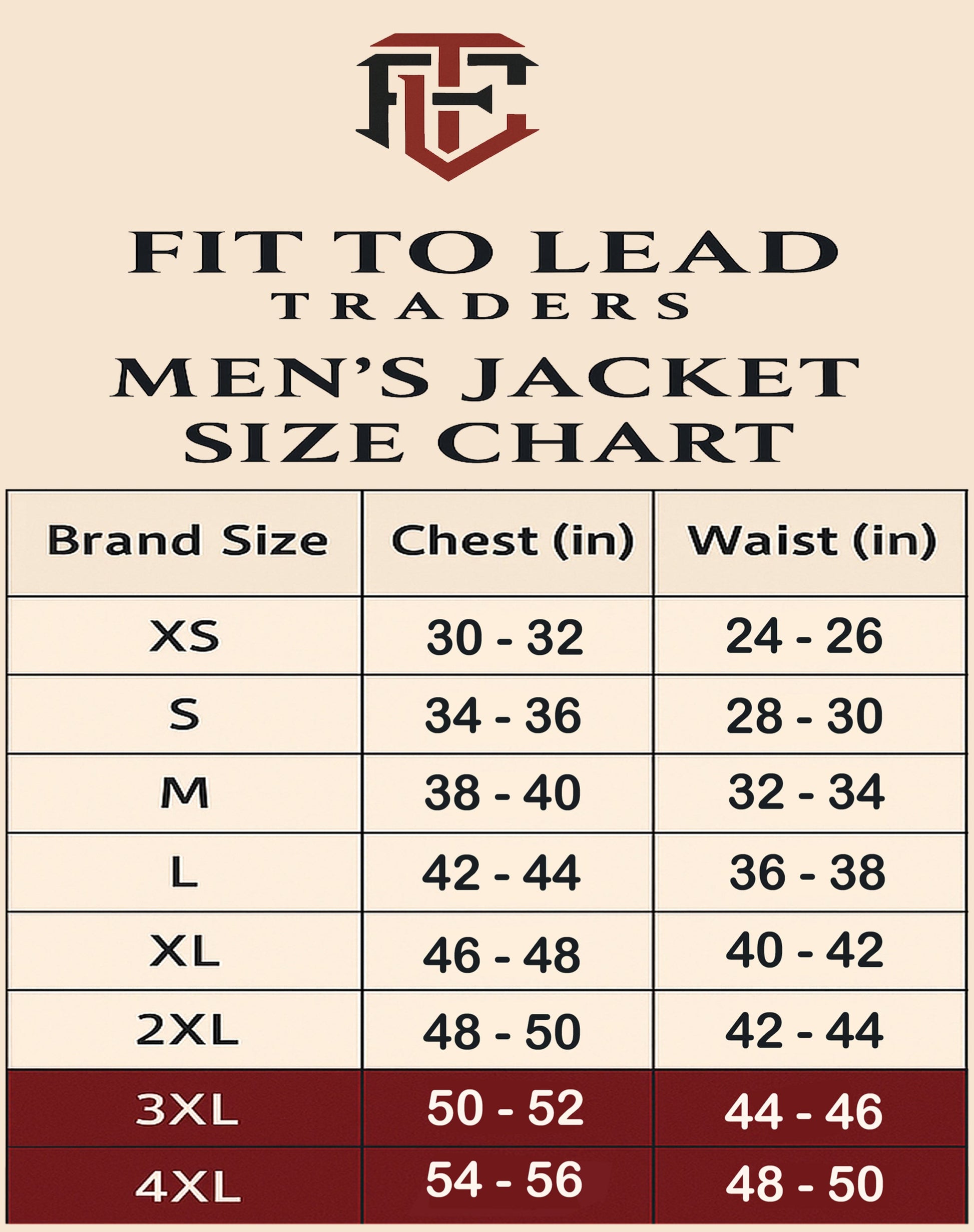 Size chart for Fit to Lead Traders men's jackets on a beige background