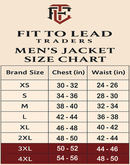 Size chart for Fit to Lead Traders men's jackets on a beige background