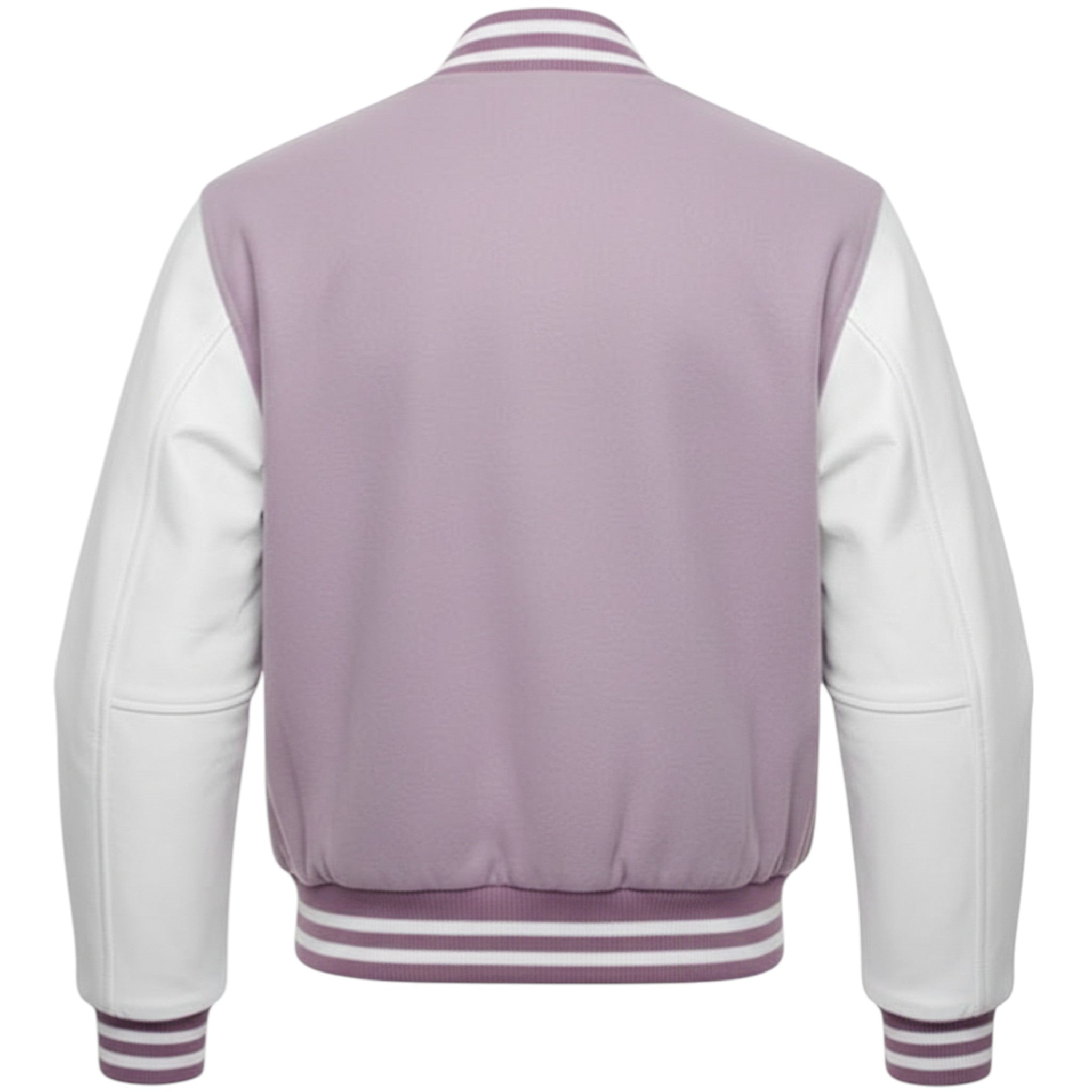 Varsity jacket with Lavender back and white sleeves on a white background