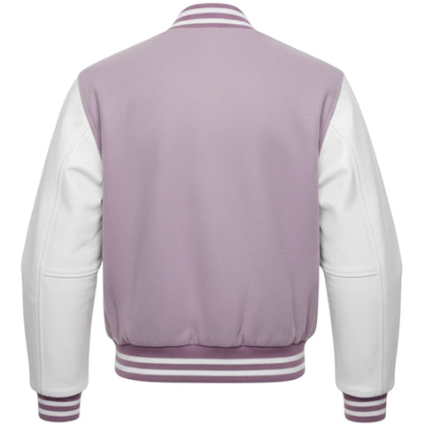 Varsity jacket with Lavender back and white sleeves on a white background