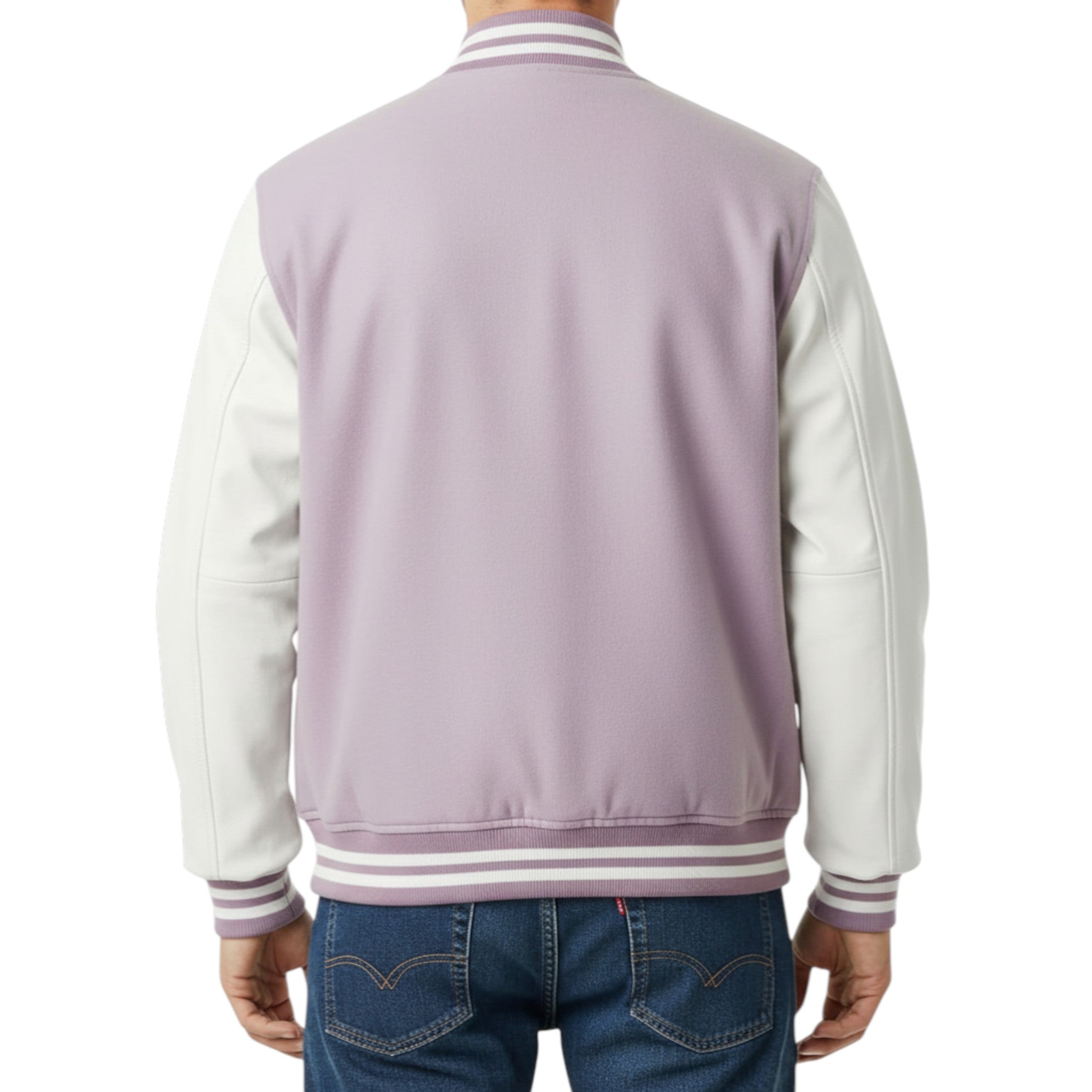 Lavender and white varsity jacket worn by a person on a white background
