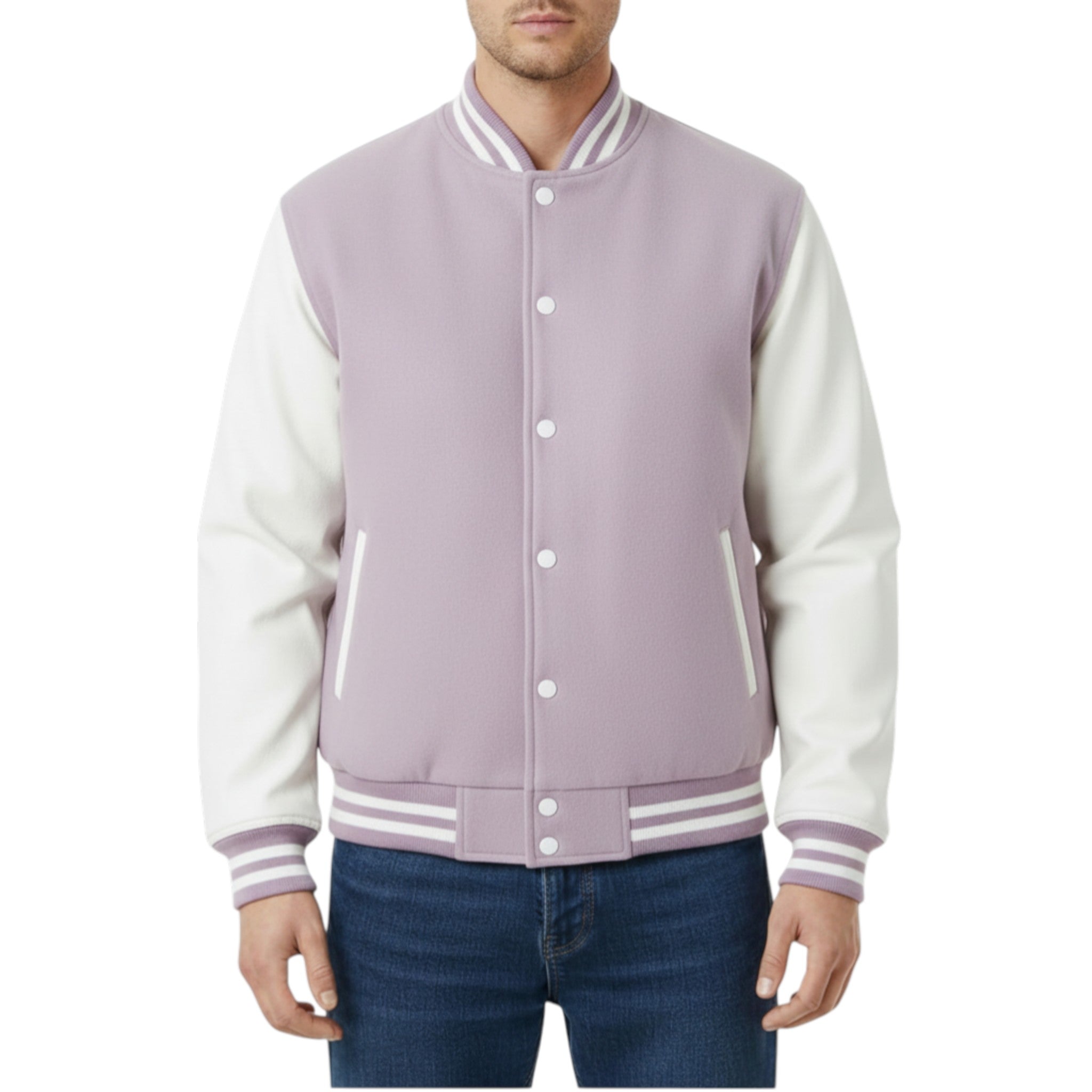 Lavender varsity jacket with white sleeves and collar on a white background