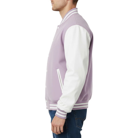Person wearing a Lavender and white varsity jacket on a white background
