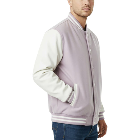 Man wearing a Lavender varsity jacket with white accents on a white background