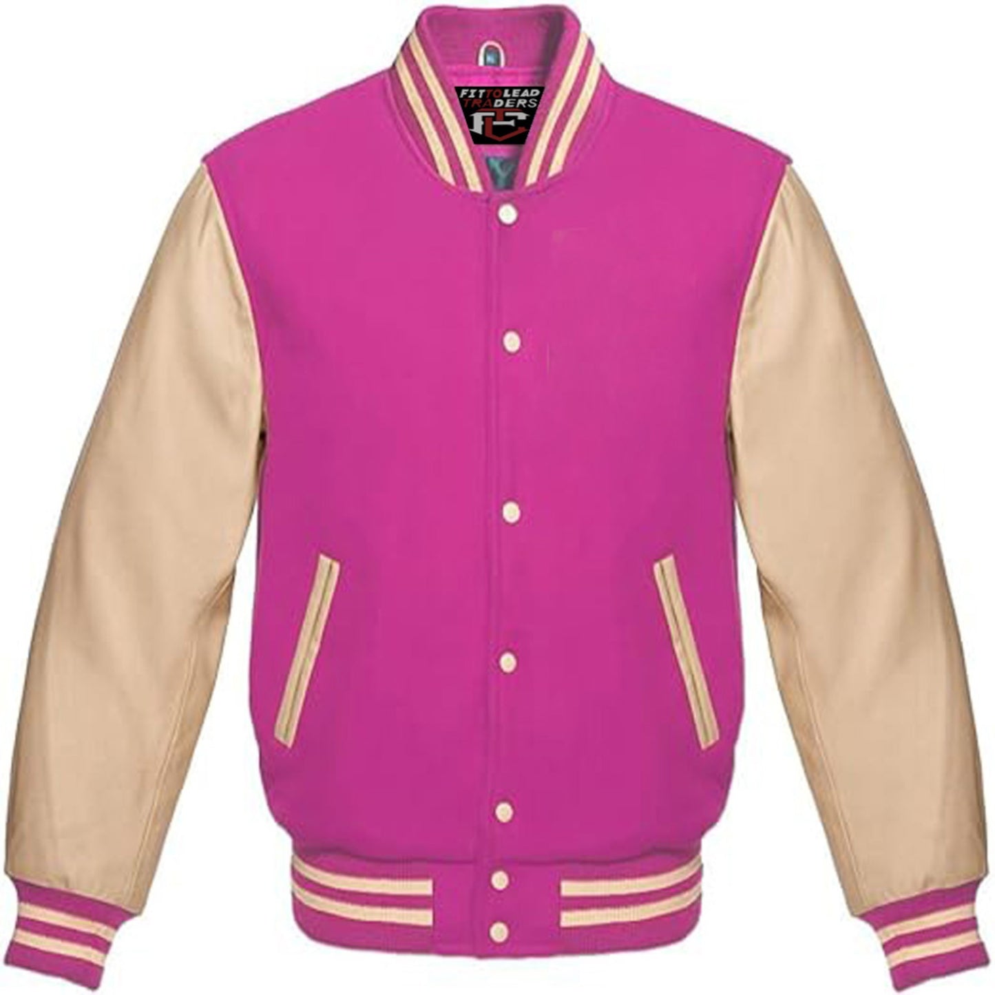 Pink and beige varsity jacket on a white background
