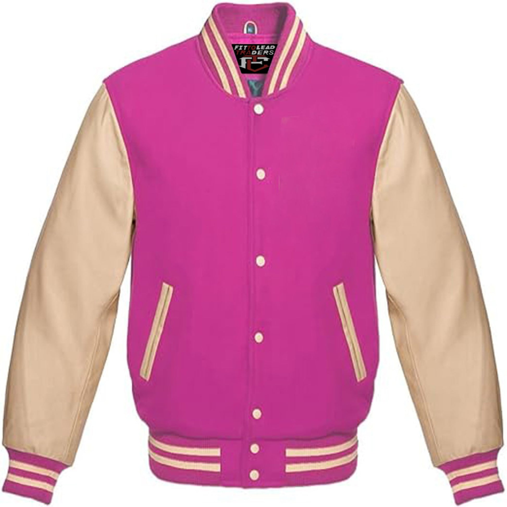 Pink and beige varsity jacket on a white background