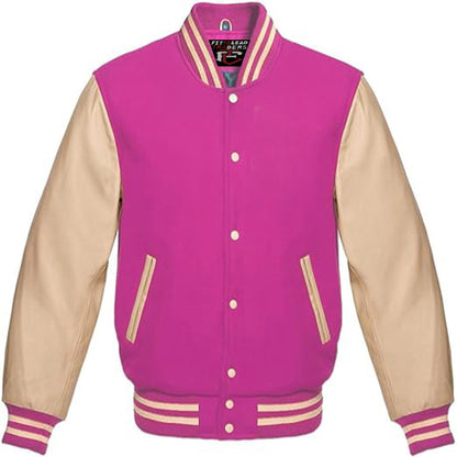 Pink and beige varsity jacket on a white background