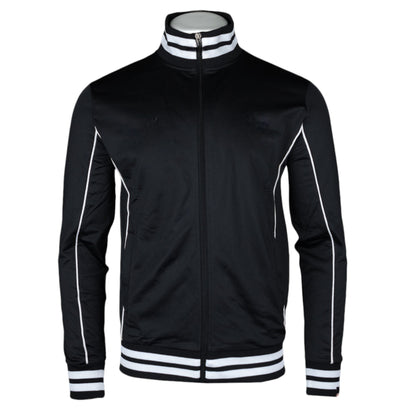 A black zipper tracksuit with white stripes on the sleeves and hem, featuring a high-neck collar and ribbed cuffs.