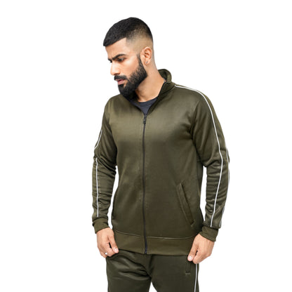 A male model wearing a green full-zip sport track jacket with white details on the sleeves and a stand-up collar.