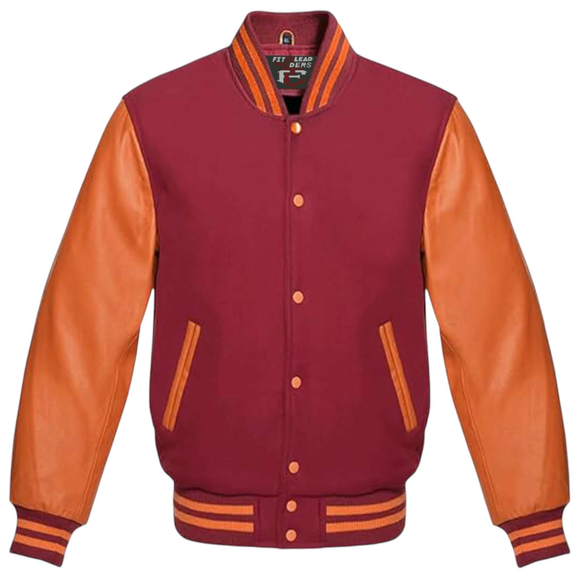 Unisex Varsity Jacket Wool Body with Orange Leather Sleeves