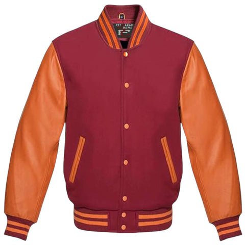 Unisex Varsity Jacket Wool Body with Orange Leather Sleeves