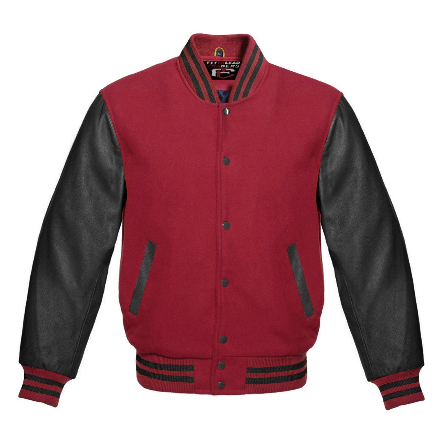 Red and black varsity jacket on a white background