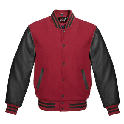 Red and black varsity jacket on a white background