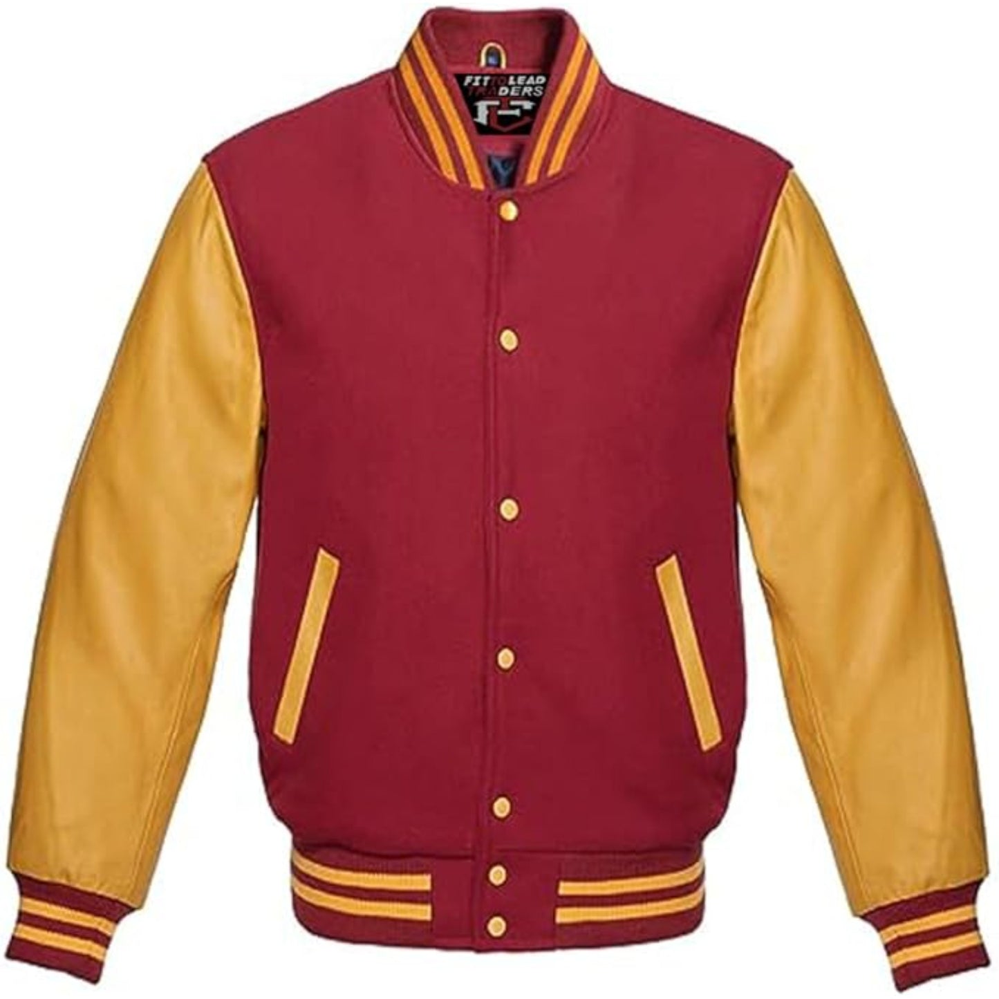 Red and yellow varsity jacket on a white background