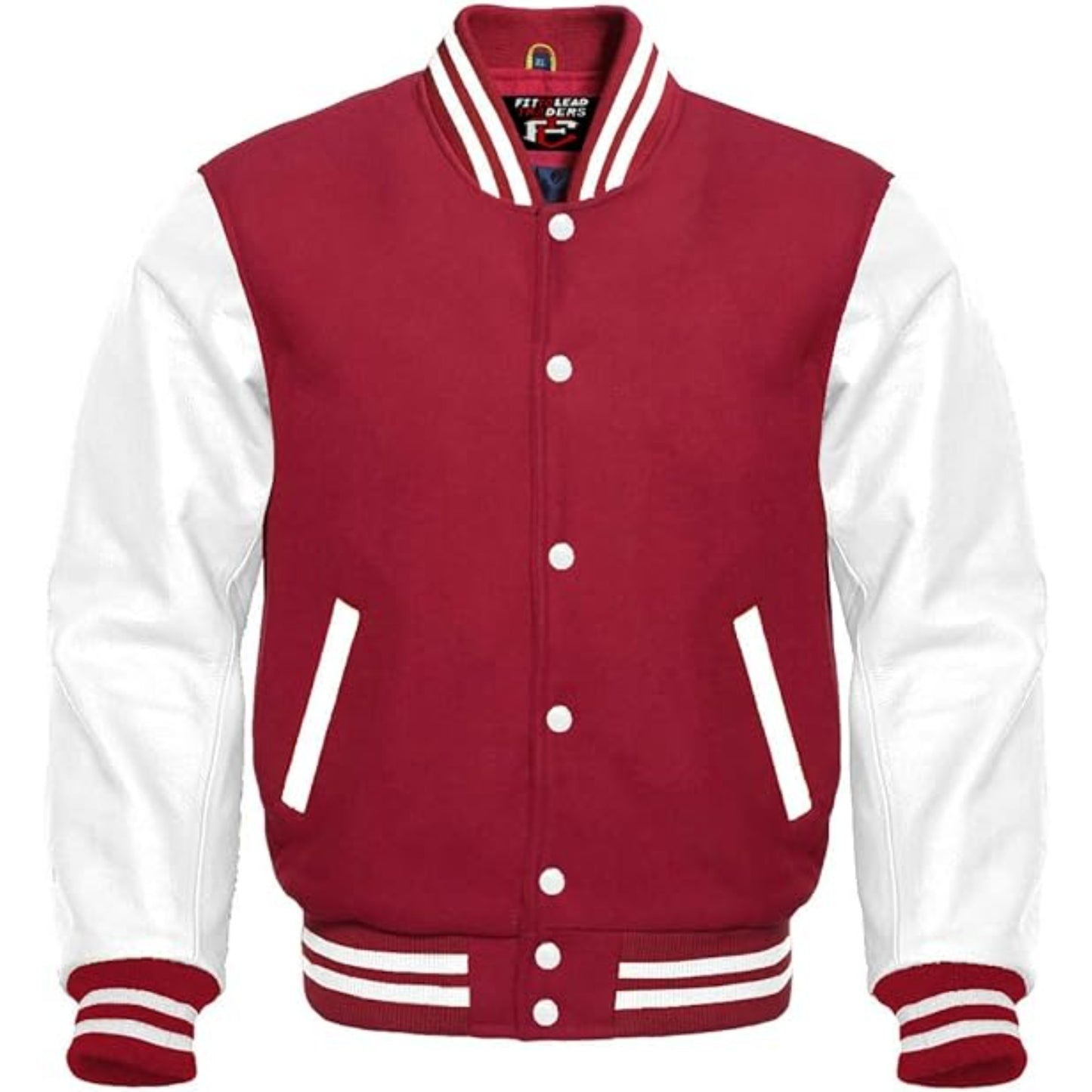 Red and white varsity jacket on a white background