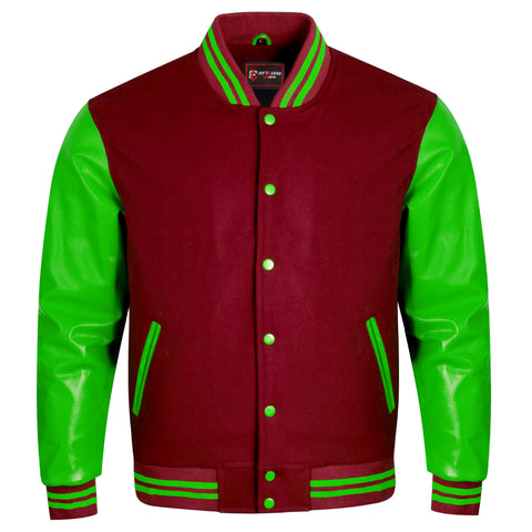 A varsity-style jacket with a dark red body and bright green sleeves, featuring green striped ribbing and green buttons, shown on a plain white background.