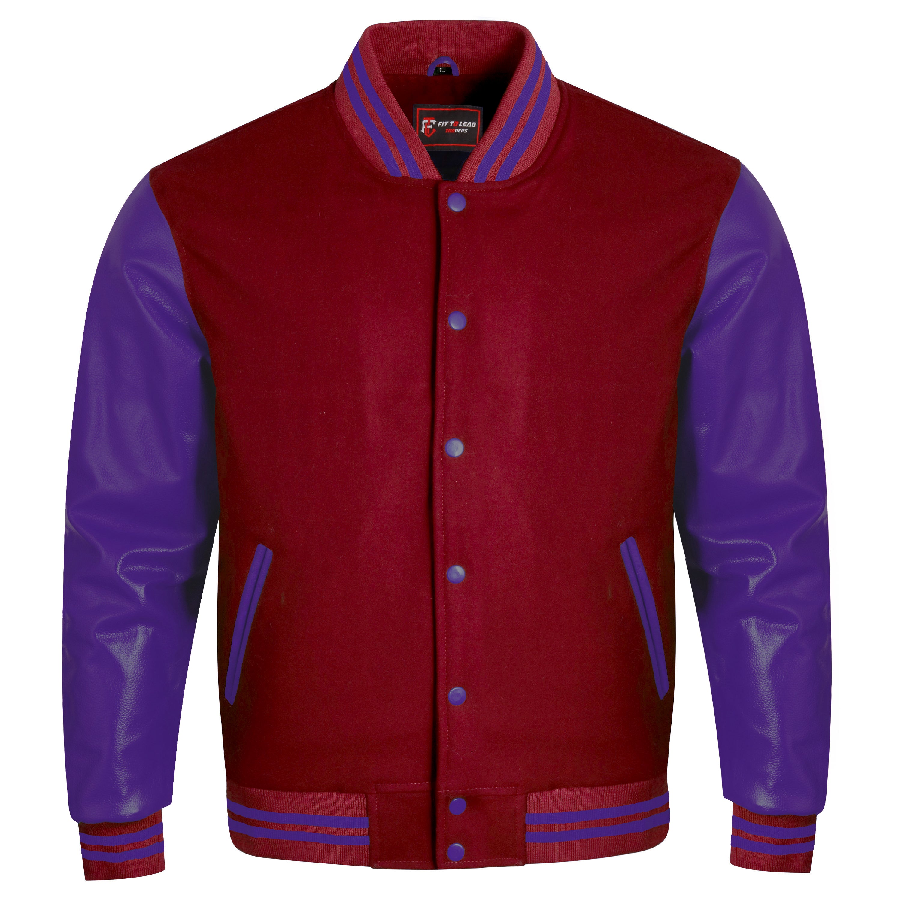 A varsity-style jacket with a dark red body and bright green sleeves, featuring green striped ribbing and green buttons, shown on a plain white background.