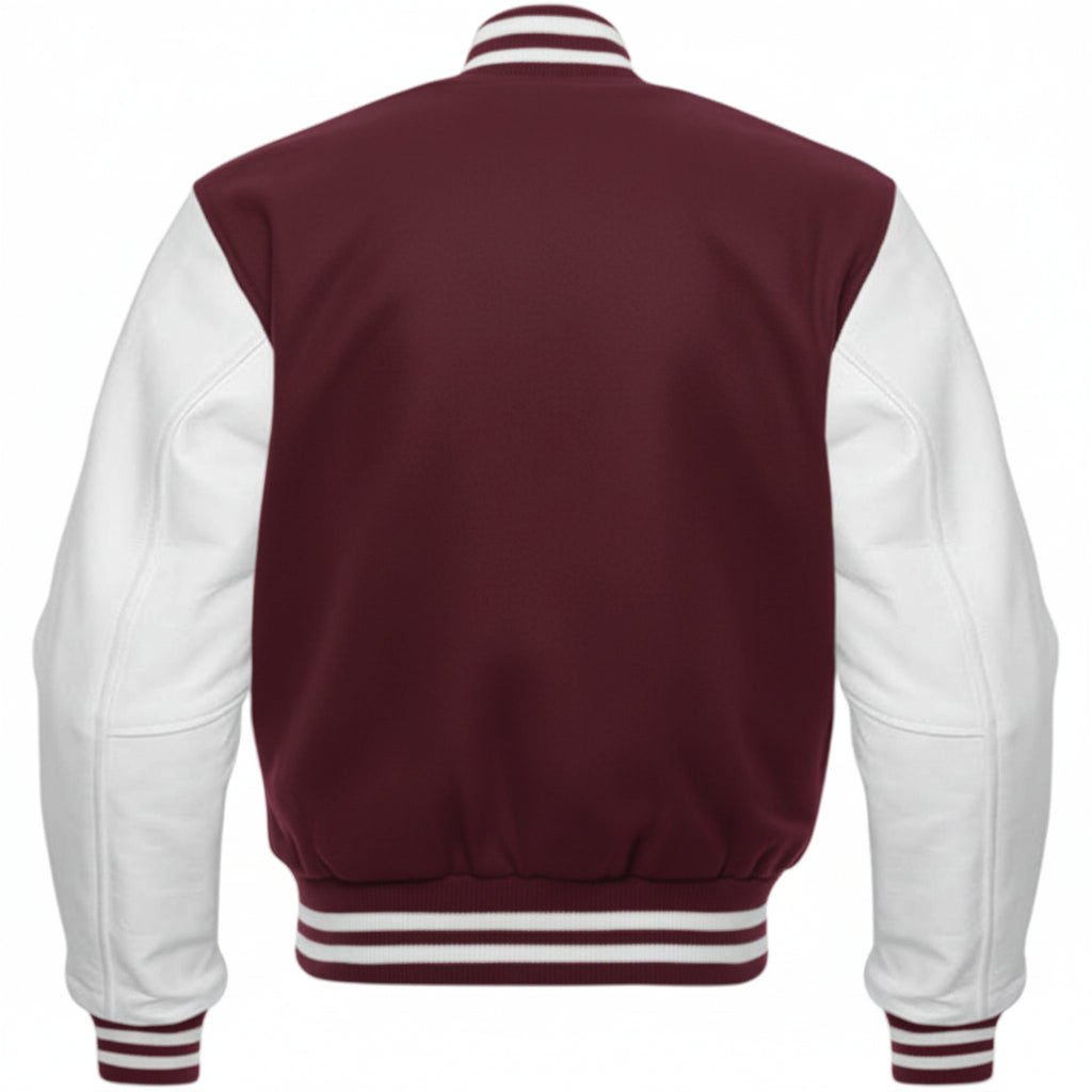 Maroon and white varsity jacket on a white background