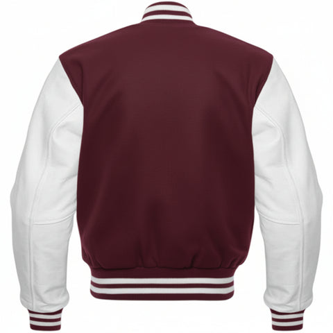 Maroon and white varsity jacket on a white background